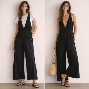 Vine & Love‎ Black Wide Leg Jumpsuit L Deep V Button Detail Rayon Culotte